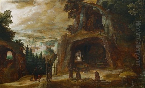 Landschaft Mit Monchen Vor Einer Felsengrotte Oil Painting by Joos de Momper the Younger