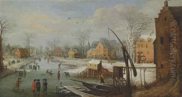 A Winter Townscape With Figures On A Frozen River And The Flight Into Egypt Oil Painting by Joos de Momper the Younger