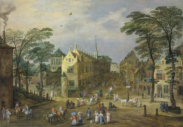 A Townscape With Figures And Horse-drawn Carts, Carrying Vegetables And Other Produce To Market Oil Painting by Joos de Momper the Younger