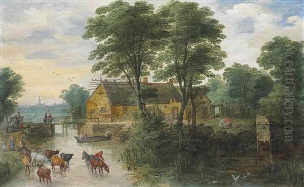 A River Landscape With Cottages And Cattle, Antwerp In The Distance Oil Painting by Joos de Momper the Younger