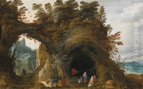 Extensive Rocky Landscape With Figures Resting By A Grotto Oil Painting by Joos de Momper the Younger