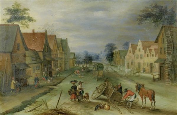 Figures Repairing A Wagon In A Village Oil Painting by Joos de Momper the Younger