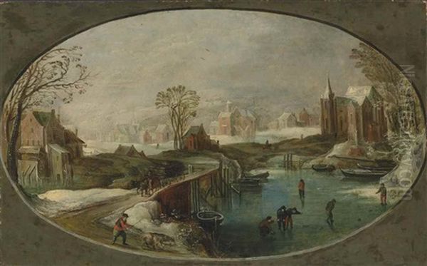 A Winter Landscape With Figures Playing Games On A Frozen River, A Faggot-gatherer And A Herdsman On A Path, A Village Beyond Oil Painting by Joos de Momper the Younger