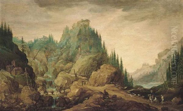 A Mountainous Wooded River Landscape With A Waterfall And Buildings, Figures, Horsemen, A Goatherd And Goats On A Path Oil Painting by Joos de Momper the Younger