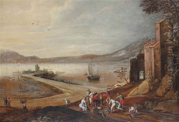 An Extensive Italianate Coastal Landscape With Boats Moored By A Peninsula, Fishermongers With Their Catch In The Foreground by Joos de Momper the Younger