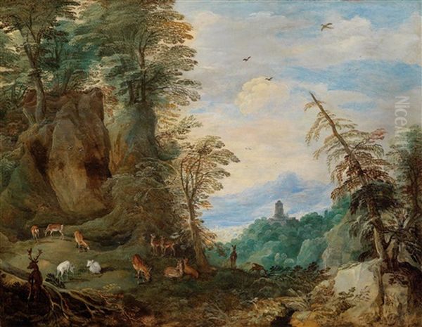 A Wide Mountain Landscape With Red Deer Oil Painting by Joos de Momper the Younger