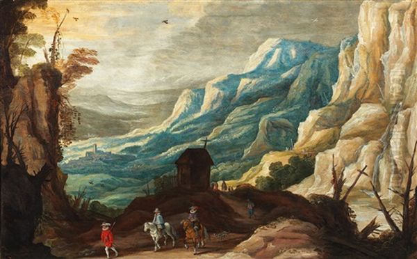 A Mountainous Landscape With Horsemen And Travellers Oil Painting by Joos de Momper the Younger