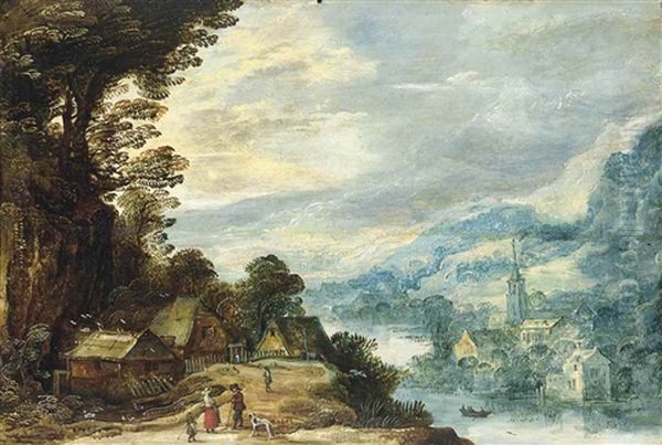 An Extensive River Landscape With Figures Conversing Amongst Cottages Oil Painting by Joos de Momper the Younger