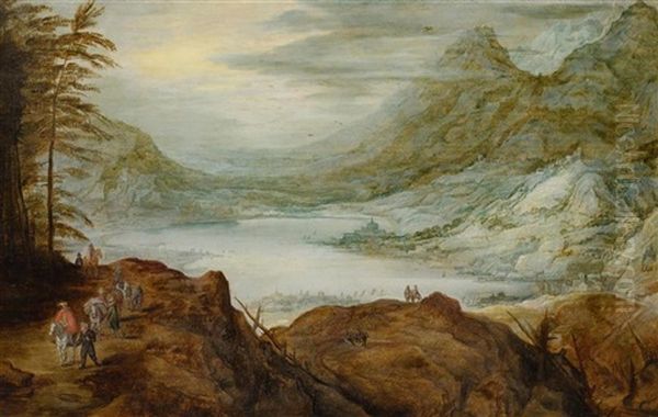 A Vast Mountain Landscape With View Of A Lake And Figures In The Foreground Oil Painting by Joos de Momper the Younger