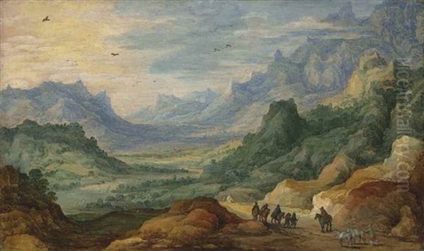 A Mountainous Landscape With Travellers And Herdsmen On A Path Oil Painting by Joos de Momper the Younger