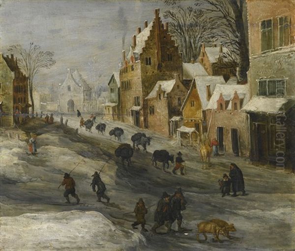 Winter Landscape With A Caravan Of Pack Donkeys Passing Through A Town, Two Farmers And Their Pigs In The Foreground Oil Painting by Joos de Momper the Younger