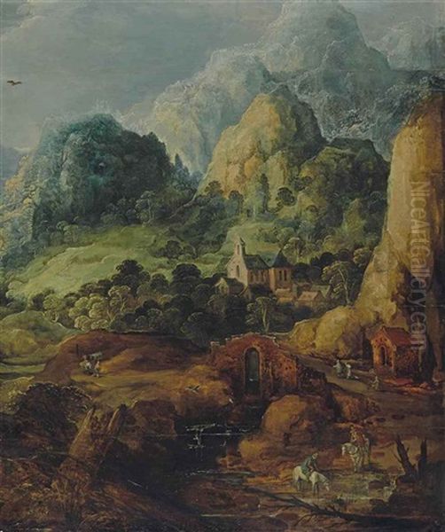 Cavaliers Abreuvant Leurs Montures Et Village Dans La Montagne Oil Painting by Joos de Momper the Younger