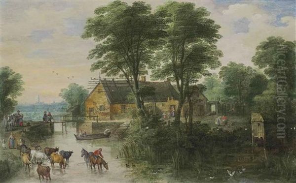 A River Landscape With Cottages And Cattle, A City, Possibly Antwerp, Beyond Oil Painting by Joos de Momper the Younger