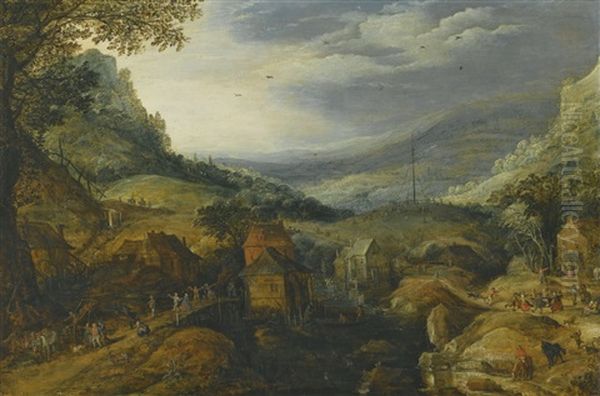 Mountain Landscape With Country Folk Dancing And Merrymaking Outside Taverns By A Small Lake, A Maypole In The Distance Oil Painting by Joos de Momper the Younger