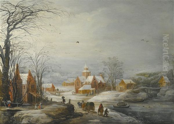 Travellers Passing Through A Village In Winter Oil Painting by Joos de Momper the Younger