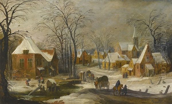 A Winter Landscape With Travellers Passing Through A Village Oil Painting by Joos de Momper the Younger