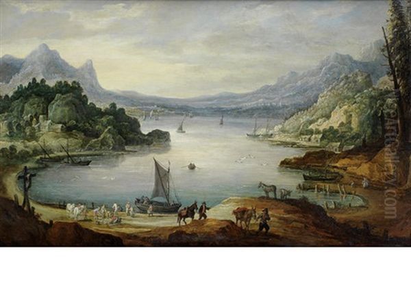 Fishermen Unloading Their Catch, A Mountainous River Landscape Beyond Oil Painting by Joos de Momper the Younger