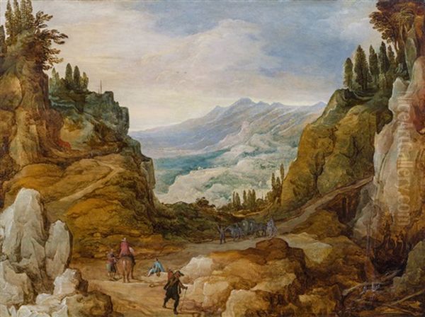 Gebirgslandschaft Mit Wanderern Und Pferden Oil Painting by Joos de Momper the Younger