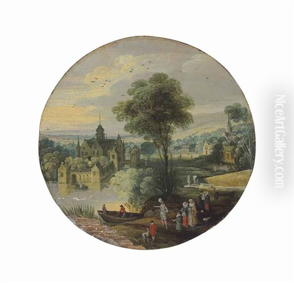 A River Landscape With An Elegant Company, A Manor House Beyond Oil Painting by Joos de Momper the Younger