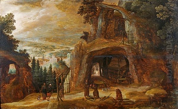 Moines Dans Une Grotte Surplombant Une Vallee Oil Painting by Joos de Momper the Younger