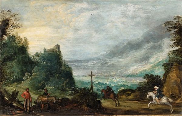 Mountain Landscape With Horseman And Woodcutter Oil Painting by Joos de Momper the Younger