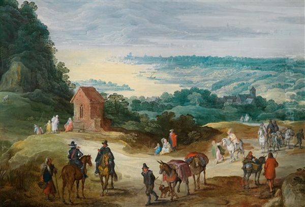 Weite Flusslandschaft Mit Ziehenden Handlern Und Rastenden Wanderern Vor Einer Dorfkulisse Oil Painting by Joos de Momper the Younger