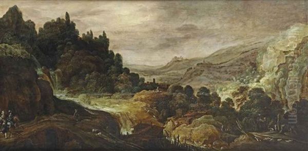 A Mountainous River Landscape With Herdsmen And Travellers On A Path Near A Waterfall Oil Painting by Joos de Momper the Younger