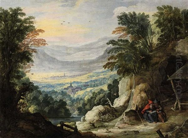 A Mountainous Landscape With Two Hermits Oil Painting by Joos de Momper the Younger