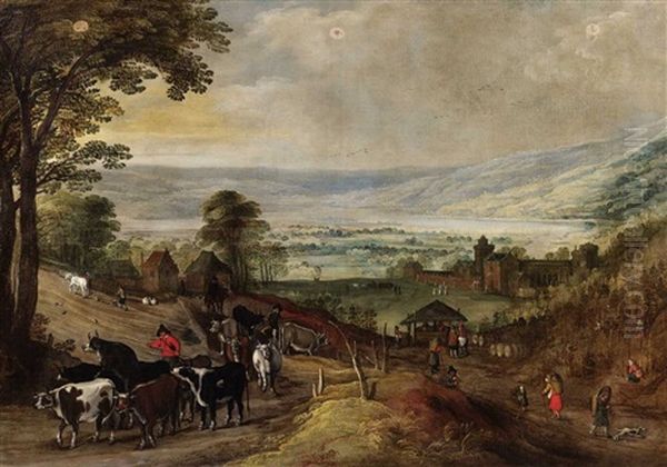 Wide Mountain Landscape With Returning Herd Oil Painting by Joos de Momper the Younger