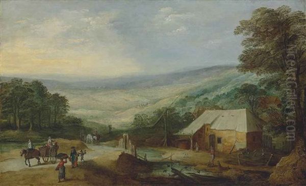 An Extensive Wooded Landscape With Figures And Horse-drawn Carts On A Path In The Foreground, A Cottage And Other Buildings By A Stream Oil Painting by Joos de Momper the Younger