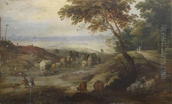 A Country Path With Several Wagons And Other Travellers On Foot, A Cowherd And His Livestock Leaving A Woodland Track In The Foreground And An Extensive Landscape With Two Distant Towns Beyond Oil Painting by Joos de Momper the Younger