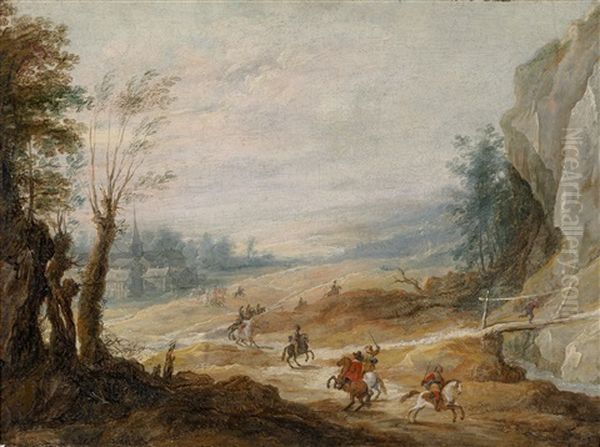 Weite Landschaft Mit Reitern, Im Hintergrund Ein Dorf Oil Painting by Joos de Momper the Younger