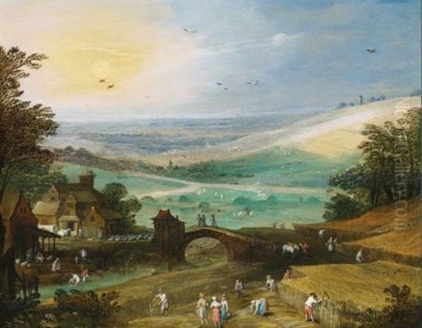 A Summer Landscape With Figures Bringing In The Harvest Oil Painting by Joos de Momper the Younger