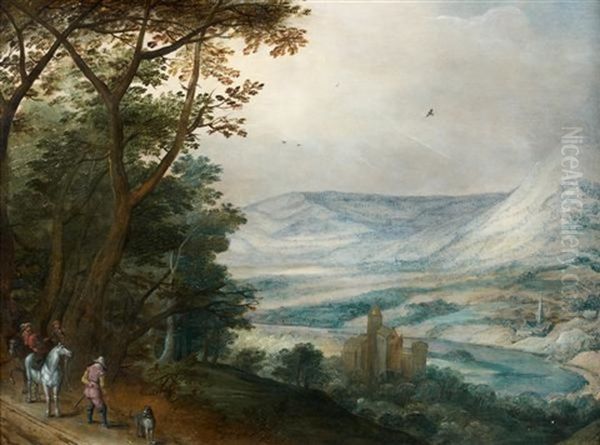 La Halte Des Cavaliers Devant Un Paysage Panoramique Oil Painting by Joos de Momper the Younger