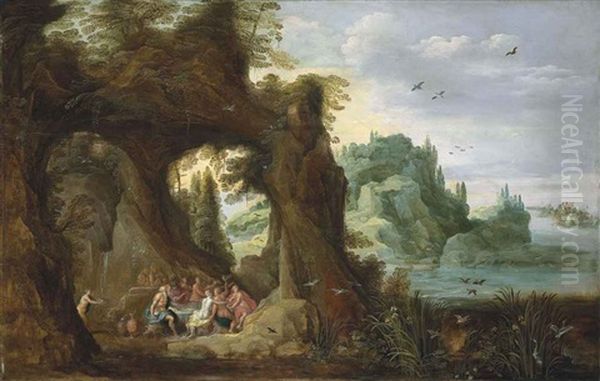 A Rocky, River Landscape With The Feast Of The Gods In A Cave In The Foreground, The Triumph Of Neptune And Amphitrite Beyond Oil Painting by Joos de Momper the Younger