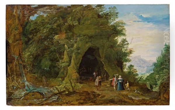 Gebirgslandschaft Mit Andacht In Einer Felsgrotte Oil Painting by Joos de Momper the Younger