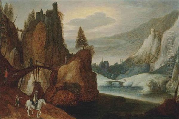 A Mountainous River Landscape With Travellers On A Bridge Oil Painting by Joos de Momper the Younger