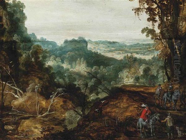 A Extensive Wooded Landscape With Travellers On A Track Oil Painting by Joos de Momper the Younger