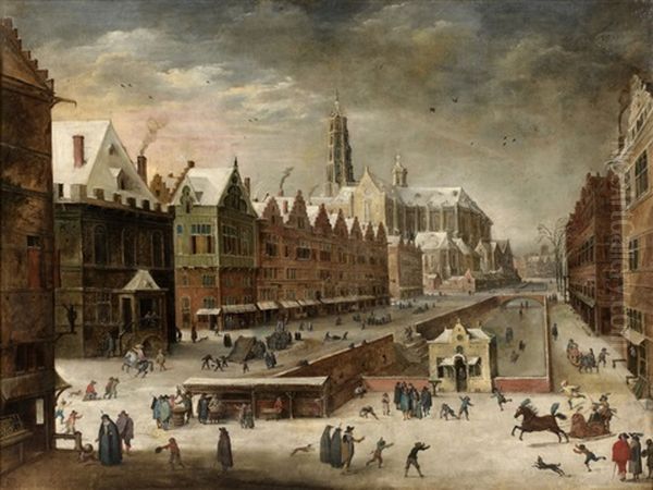 Vue Presumee D'anvers Enneigee Et Animee De Personnages Oil Painting by Joos de Momper the Younger