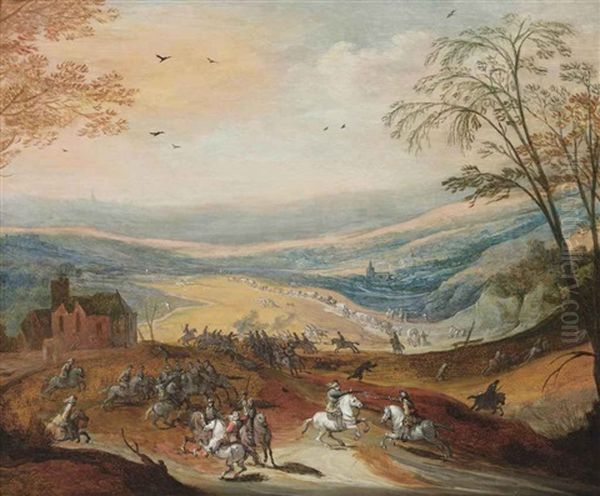 A Cavalry Skirmish In A Hilly Landscape, A Convoy Beyond Oil Painting by Joos de Momper the Younger