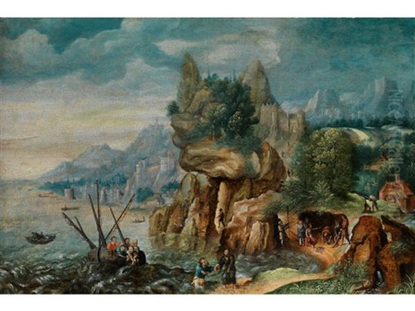 Felsige Landschaft Mit Biblischer Szenerie Oil Painting by Joos de Momper the Younger