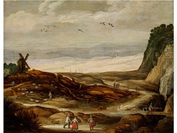 Landschaft Mit Windmuhle, Schafherde Und Figurenstaffage Oil Painting by Joos de Momper the Younger