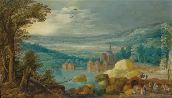 Village Au Bord D'un Lac, Des Collines A L'arriere-plan Oil Painting by Joos de Momper the Younger