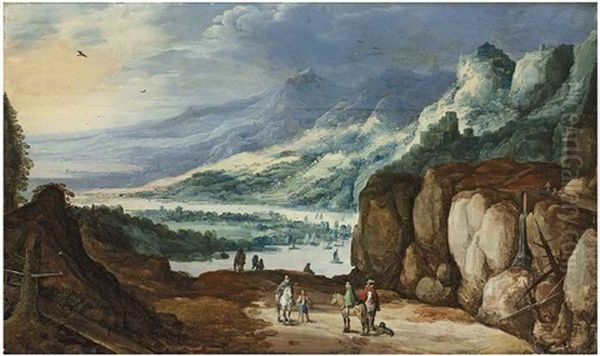 An Extensive River Landscape With Horsemen On A Path And Mountains Beyond Oil Painting by Joos de Momper the Younger