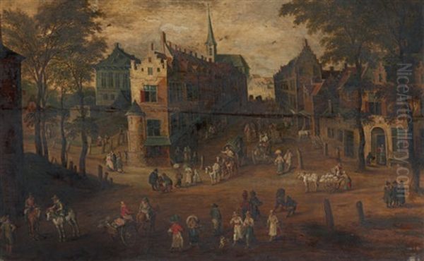 Geschaftiges Treiben In Hollandischem Stadtchen Oil Painting by Joos de Momper the Younger