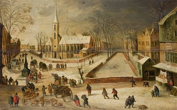 Winterliche Marktszene In Einem Hollandischen Dorf, Im Hintegrund Eine Kirche Oil Painting by Joos de Momper the Younger