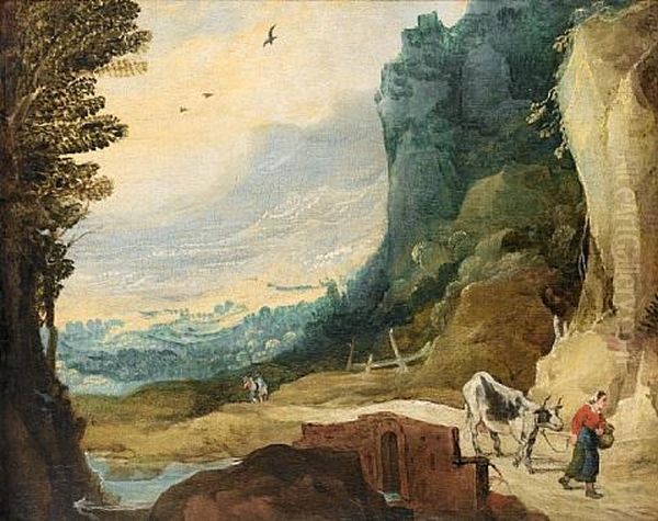 A Mountainous Landscape With A Woman Leading A Bull On A Country Path Oil Painting by Joos de Momper the Younger