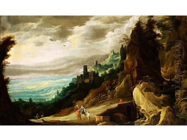 Felsige Gebirgslandschaft Mit Wanderern (collab. W/hans Jordaens Iii) Oil Painting by Joos de Momper the Younger