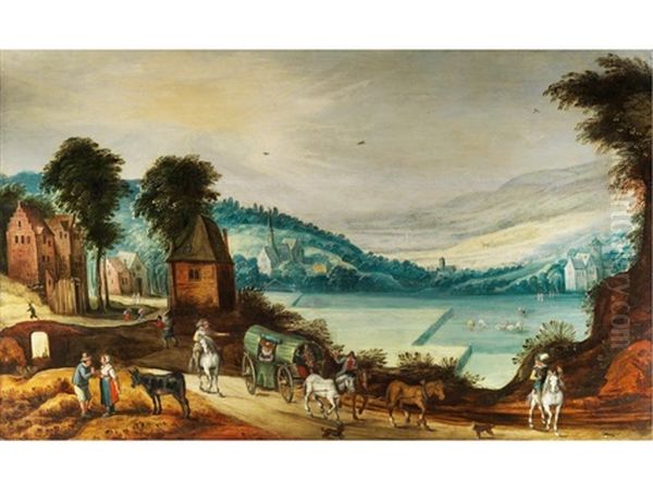 Weite Tallandschaft Mit Pferdekarren, Reitern Und Bauern Im Vordergrund Oil Painting by Joos de Momper the Younger