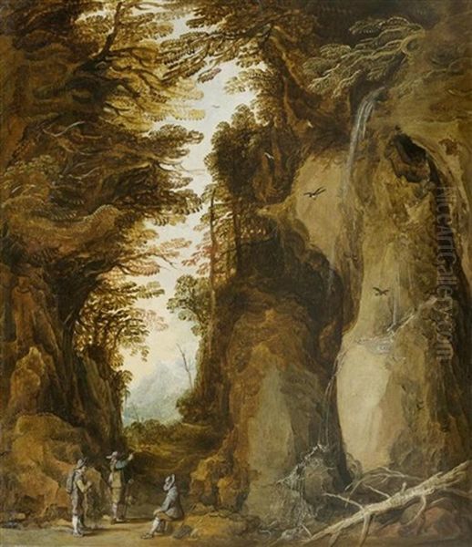 Felsenlandschaft Mit Drei Rastenden Wanderern Bei Einem Wasserfall Oil Painting by Joos de Momper the Younger